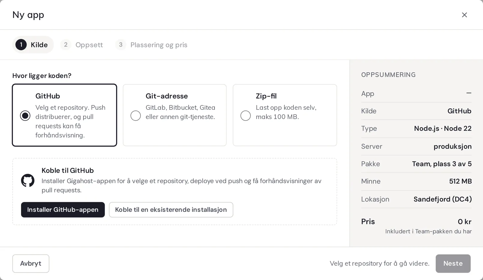 Dialogen for ny app i Flux, med valg mellom GitHub, git-adresse og zip-fil